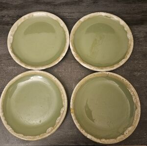Set of 4 Hull Pottery Avocado Green Drip Glaze Dinner Plates 6.5” USA Oven Proof